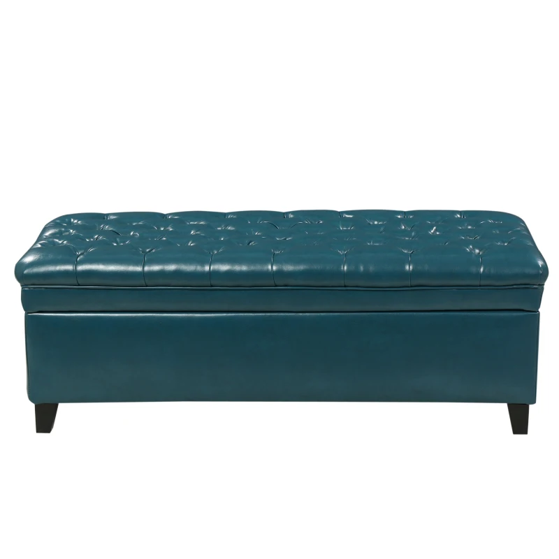Storage Ottoman with Birch Legs, Faux Leather Tufted, 50" L x 20.5" W x 18.25" H, Spot Clean, Teal