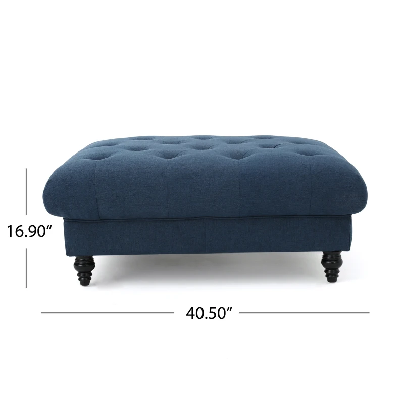 Tufted Ottoman with Upholstered Polyester Blend, Button Tufting, Turned Feet, 40.5" x 40.5" x 16.9", Navy Blue