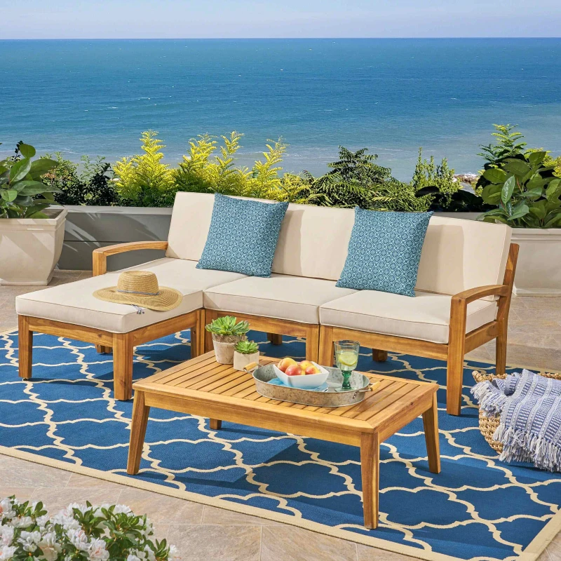 Transitional L-Shaped Patio Furniture Set, Acacia Wood Frame with Water-Resistant Cushions and Slat Panel Design, 27" L x 29.5" W x 26.25" H, Beige