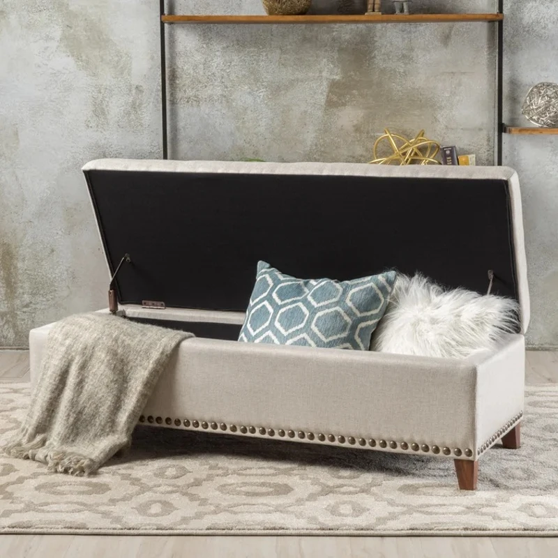 Storage Ottoman with Tufted Waffle Stitching, Nailhead Trim, Contemporary Design, and Ample Storage Space, 50.85" L x 19.65" W x 15.75" H, Beige
