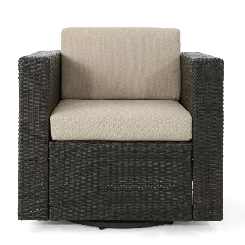 Outdoor Wicker Club Chair with Water Resistant Cushions, Swivel Chair, 33.5" L x 31.5" W x 27.75" H, Brown+Beige