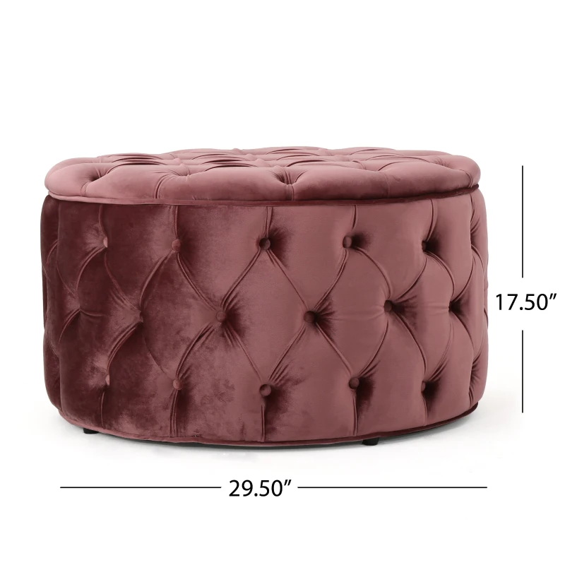 Modern Glam Round Velvet Ottoman with Cushioned Top, Sturdy Frame, and Space-Saving Design, 29.5" L x 29.5" W x 18" H, Blush