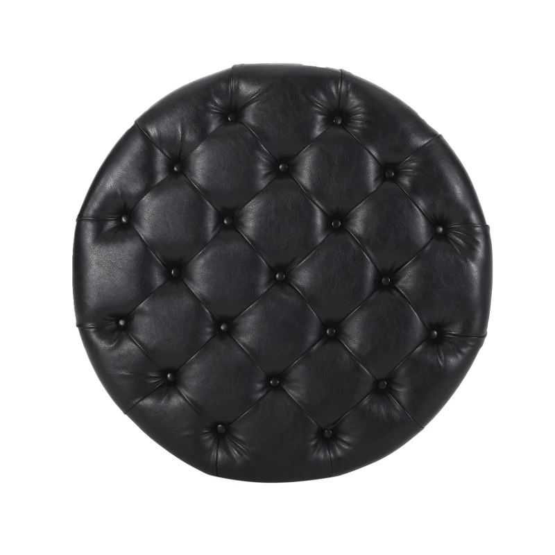 Round Ottoman with Faux Leather Upholstery, Button Tufting, Rubberwood Frame, and Open Shelf, Contemporary Design, 32" L x 32" W x 17" H, Black