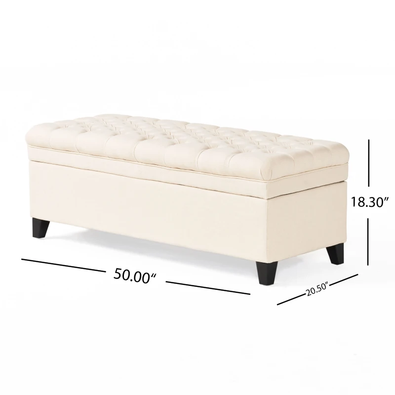 Storage Ottoman with Birch Legs, Hand-Tufted Fabric, 50" L x 20.5" W x 18.25" H, Spot Clean, Beige