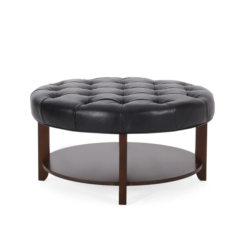 Round Ottoman with Faux Leather Upholstery, Button Tufting, Rubberwood Frame, and Open Shelf, Contemporary Design, 32" L x 32" W x 17" H, Black