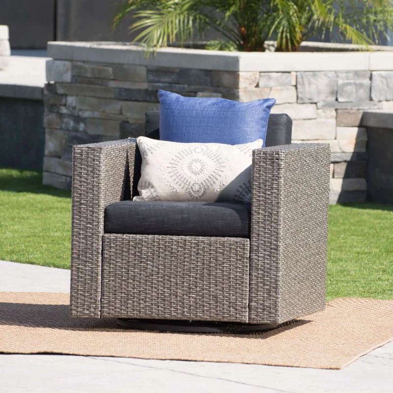 Outdoor Swivel Club Chair, Polyethylene Wicker, Water-Resistant Cushions, 33.5" L x 31.5" W x 27.75" H, Assembly Required, Black+Gray