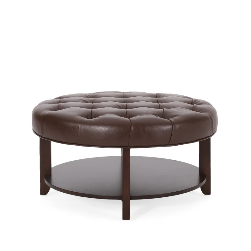 Round Ottoman with Faux Leather Upholstery, Button Tufting, Rubberwood Frame, and Open Shelf, Contemporary Design, 32" L x 32" W x 17" H, Dark Brown