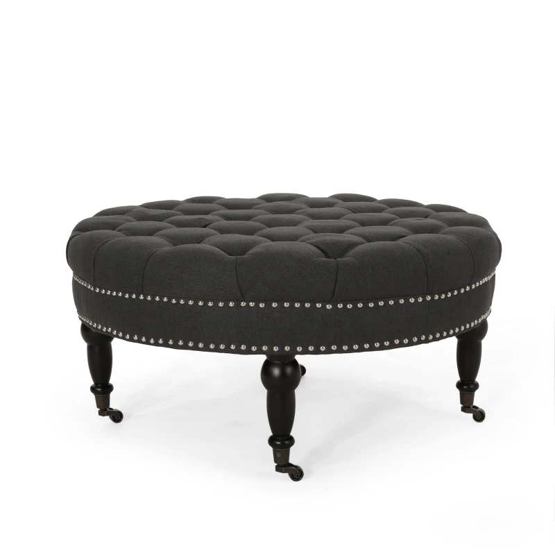 Ottoman with Casters and Birch Wood Legs, Contemporary Design, Button Tufted Diamond Stitch, Nailhead Accents, 35" x 35" x 17", Dark Gray
