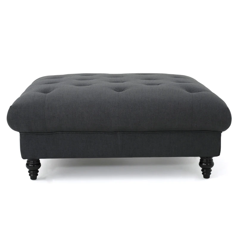 Tufted Ottoman with Upholstered Polyester Blend, Button Tufting, Turned Feet, 40.5" x 40.5" x 16.9", Dark Gray