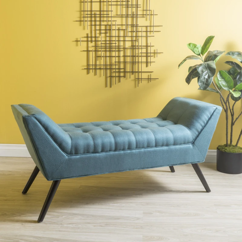 Stylish Bedroom Bench with Padded Seat Cushion, Upturned Wide U Shape, Light Assembly Required, 52" x 19.5" x 23.5", Teal