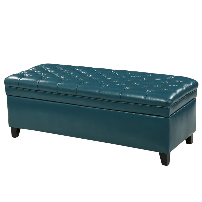 Storage Ottoman with Birch Legs, Faux Leather Tufted, 50" L x 20.5" W x 18.25" H, Spot Clean, Teal