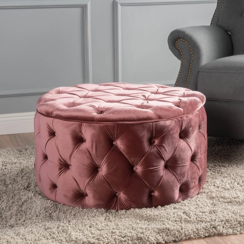 Modern Glam Round Velvet Ottoman with Cushioned Top, Sturdy Frame, and Space-Saving Design, 29.5" L x 29.5" W x 18" H, Blush