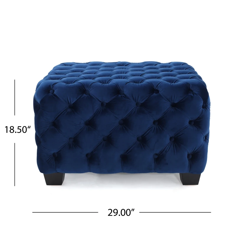 Velvet Ottoman with Cushioned Top, Sturdy Frame, and Space-Saving Design, 29" L x 29" W x 18.25" H, Navy Blue