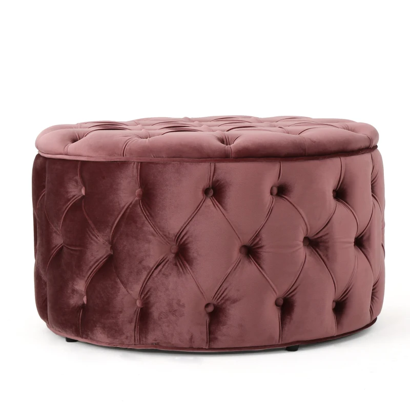 Modern Glam Round Velvet Ottoman with Cushioned Top, Sturdy Frame, and Space-Saving Design, 29.5" L x 29.5" W x 18" H, Blush