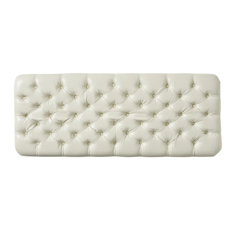 Storage Ottoman with Birch Legs, Faux Leather Tufted, 50" L x 20.5" W x 18.25" H, Spot Clean, Ivory