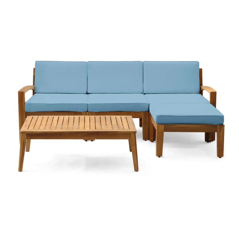 Transitional L-Shaped Patio Furniture Set, Acacia Wood Frame with Water-Resistant Cushions and Slat Panel Design, 27" L x 29.5" W x 26.25" H, Blue