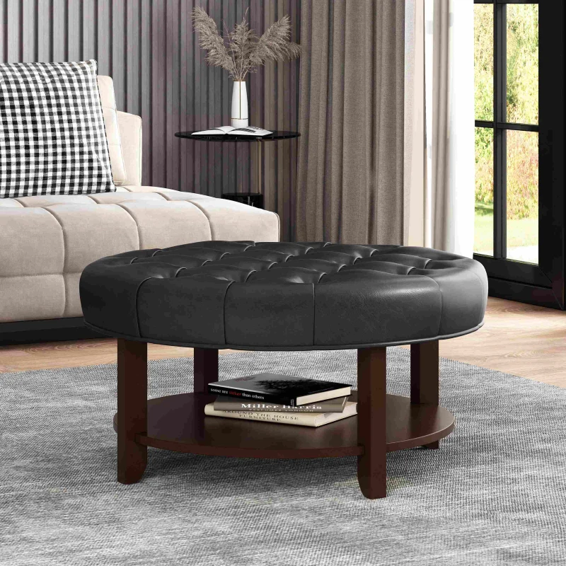 Round Ottoman with Faux Leather Upholstery, Button Tufting, Rubberwood Frame, and Open Shelf, Contemporary Design, 32" L x 32" W x 17" H, Black