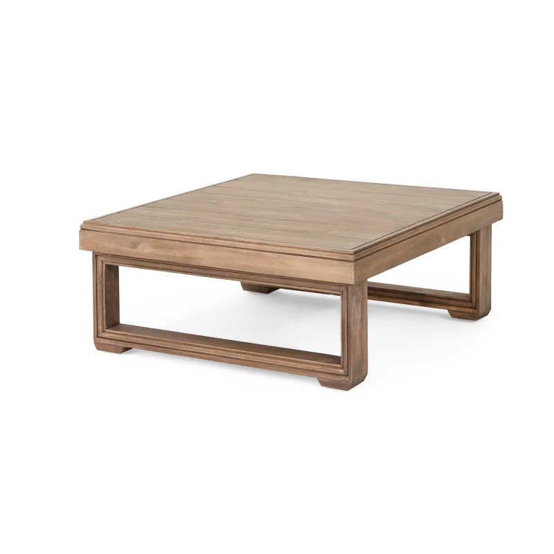Rustic Acacia Wood Coffee Table with Slat Design and Sled Legs, Outdoor Patio Furniture, 27.5" L x 27.5" W x 11.5" H Brown