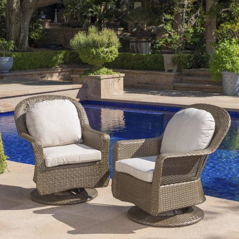 Swivel Club Chair Set of 2 with Water-Resistant Cushions, Outdoor Patio Furniture with Weather-Resistant Wicker, and Durable Rattan and Iron Construction, 29.5" L x 33" W x 35.75" H, Brown