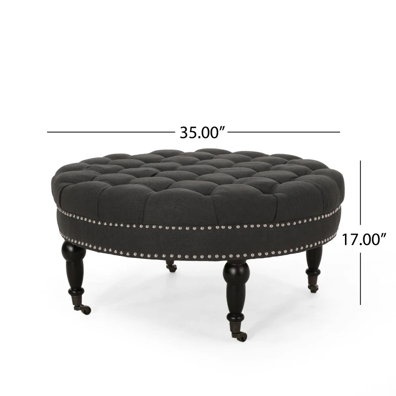 Ottoman with Casters and Birch Wood Legs, Contemporary Design, Button Tufted Diamond Stitch, Nailhead Accents, 35" x 35" x 17", Dark Gray