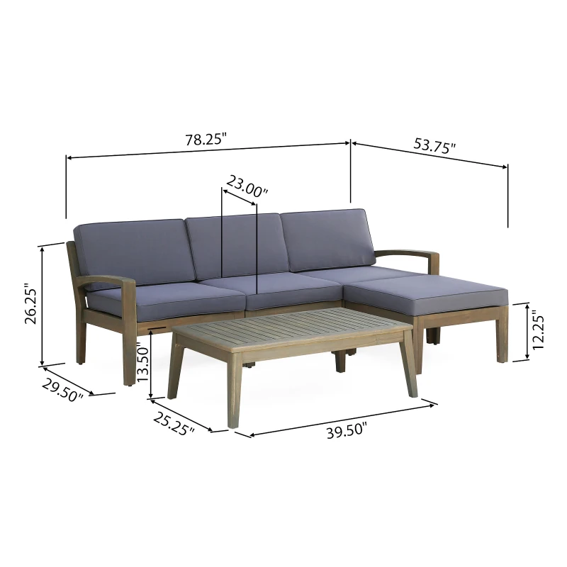 Transitional L-Shaped Patio Furniture Set, Acacia Wood Frame with Water-Resistant Cushions and Slat Panel Design, 27" L x 29.5" W x 26.25" H, Gray