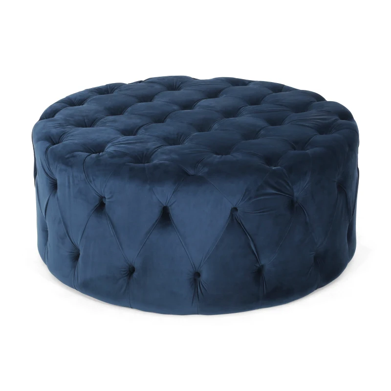 Modern Glam Round Tufted Velvet Ottoman with Cushioned Top, Sturdy Frame, and Space-Saving Design, 40" L x 40" W x 17.5" H, Blue