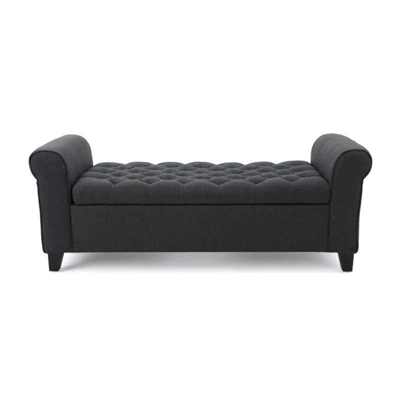 Contemporary Upholstered Ottoman with Rolled Arms and Pressure Hinges, Armed Storage Bench, Ideal for Small Spaces, 50" L x 19.5" W x 20.5" H, Dark Gray