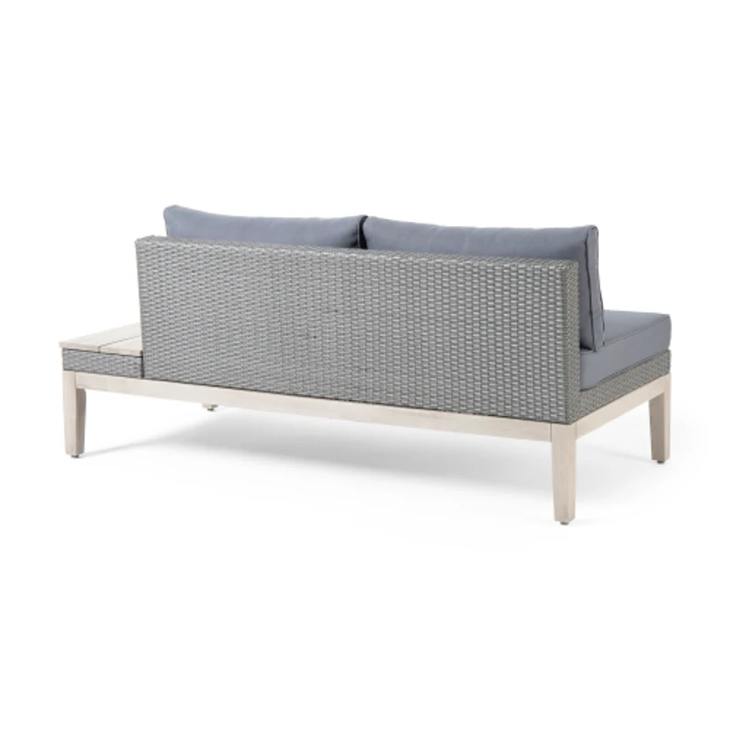 Loft Outdoor Acacia Wood and Wicker 5 Seater Sectional Sofa Set with Water-Resistant Cushions, Built-In Side Tables, and Durable Polyethylene Rattan, 64"x30"x27", Gray