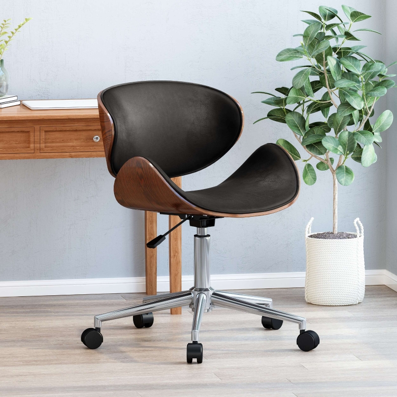 Vinsetto Mid-Century Modern Office Chair, Faux Leather Upholstery, Bentwood Design, Adjustable Height with Swivel, Rolling Casters, 23"x23"x29.25", Black+Dark Walnut