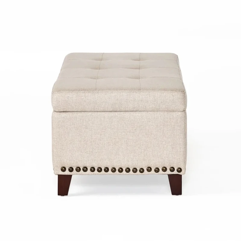 Storage Ottoman with Tufted Waffle Stitching, Nailhead Trim, Contemporary Design, and Ample Storage Space, 50.85" L x 19.65" W x 15.75" H, Beige