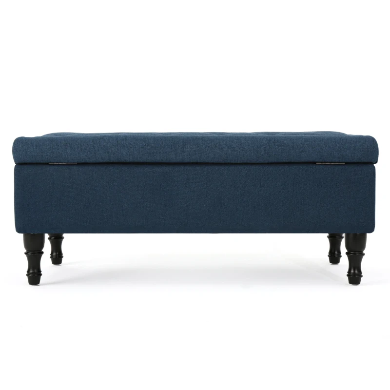 Storage Ottoman with Tufted Top and Dark Wooden Legs, Multi-Functional Suede Upholstery, 40.75" L x 19.25" W x 17.25" H, Navy Blue