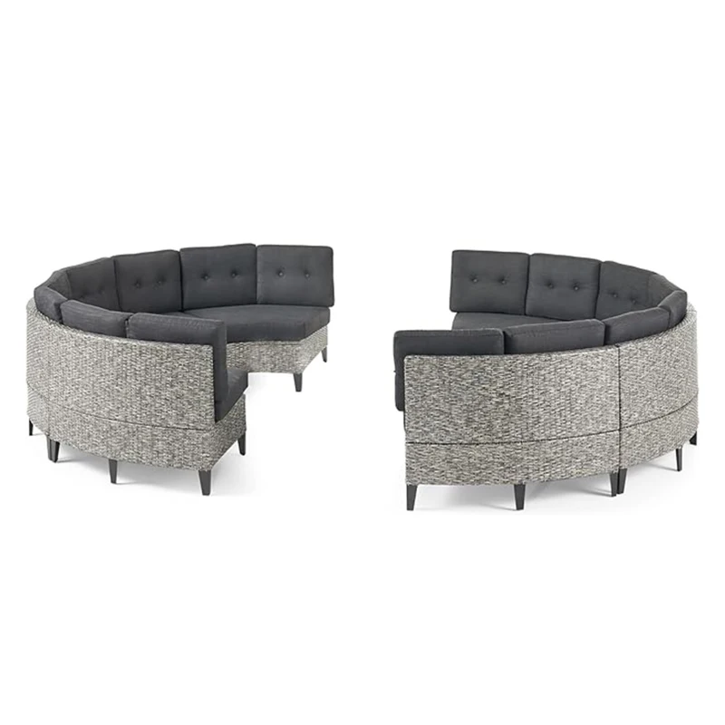 Outdoor 8 Seater Sofa, Modular Half-Circle Design, Polyethylene Rattan, Water-Resistant Cushions, 106" x 35" x 28", Black+Gray