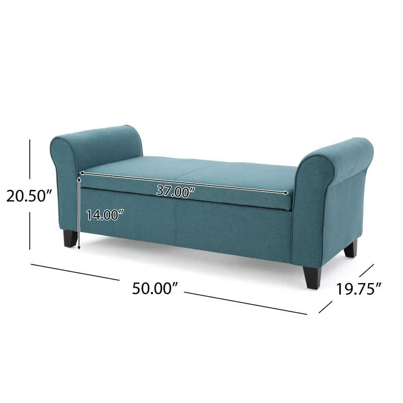 Contemporary Upholstered Ottoman with Rolled Arms and Pressure Hinges, Armed Storage Bench, Ideal for Small Spaces, 50" L x 19.75" W x 20.5" H, Teal