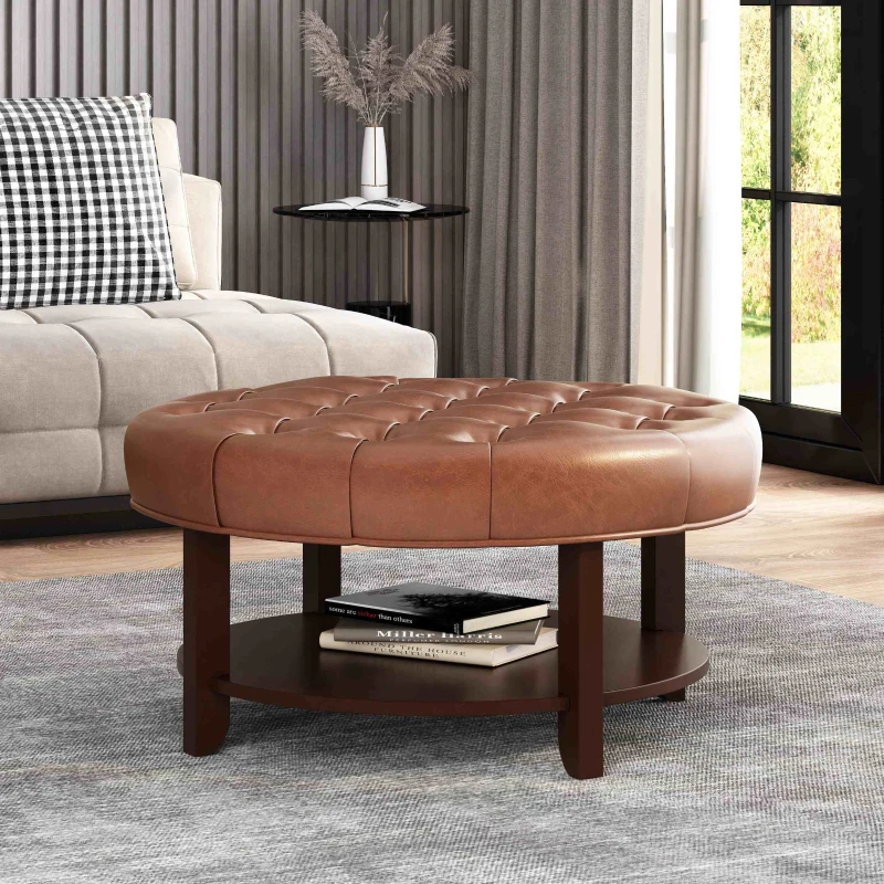 Round Ottoman with Faux Leather Upholstery, Button Tufting, Rubberwood Frame, and Open Shelf, Contemporary Design, 32" L x 32" W x 17" H, Light Brown