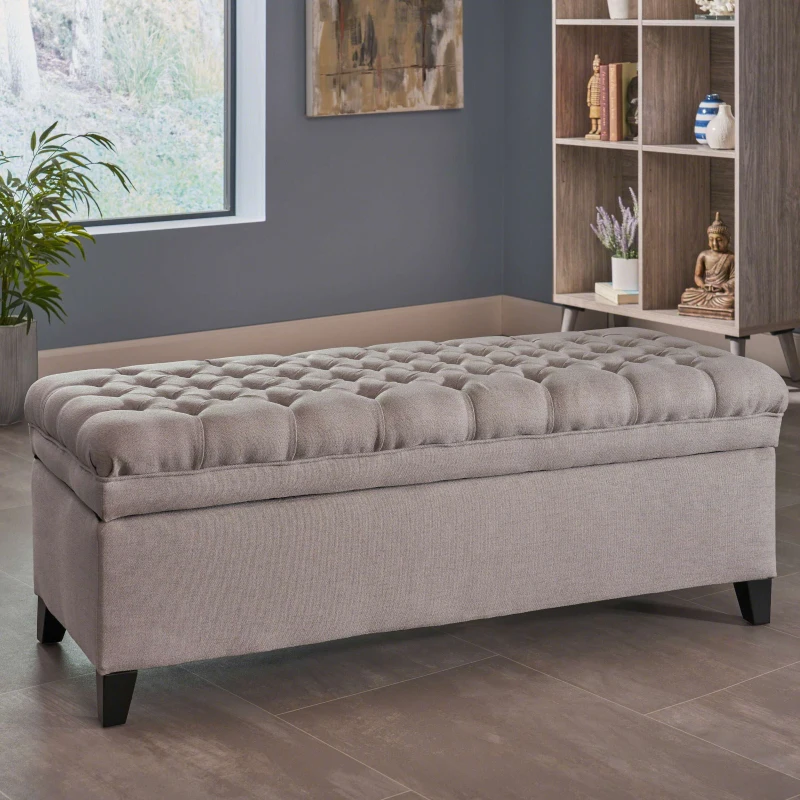 Storage Ottoman with Birch Legs, Hand-Tufted Fabric, 50" L x 20.5" W x 18.25" H, Spot Clean, Light Gray