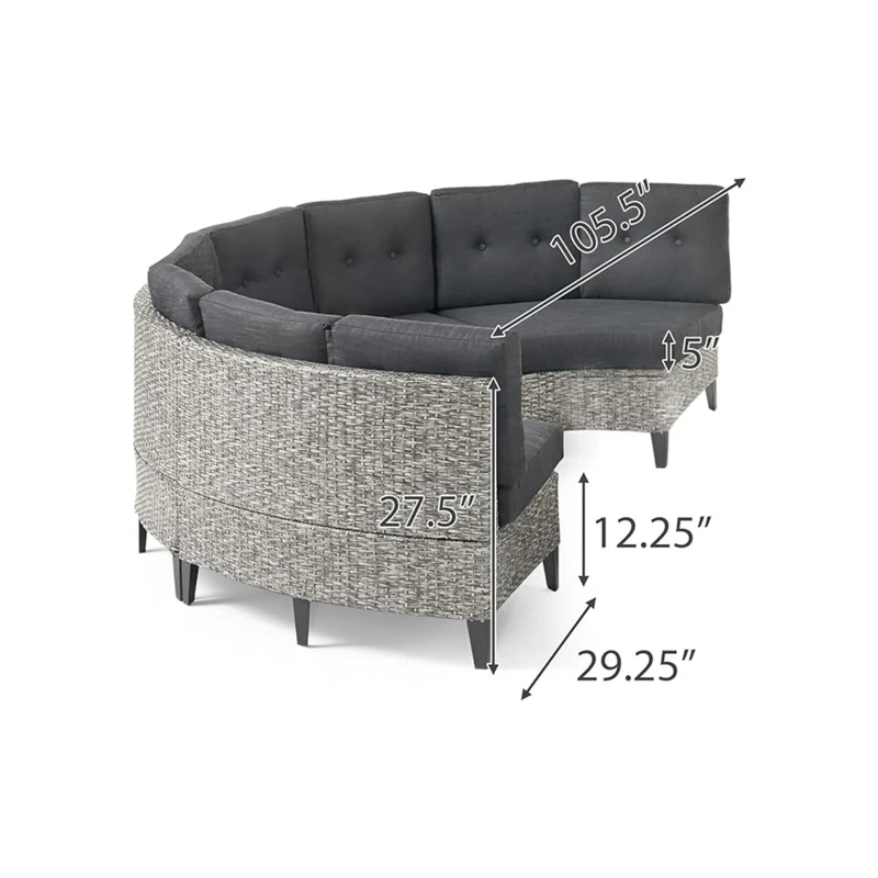 Outdoor 4 Seater Sofa, Modular Half-Circle Design, Polyethylene Rattan, Water-Resistant Cushions, Assembly Required, 105.5" x 35" x 28", Black+Gray