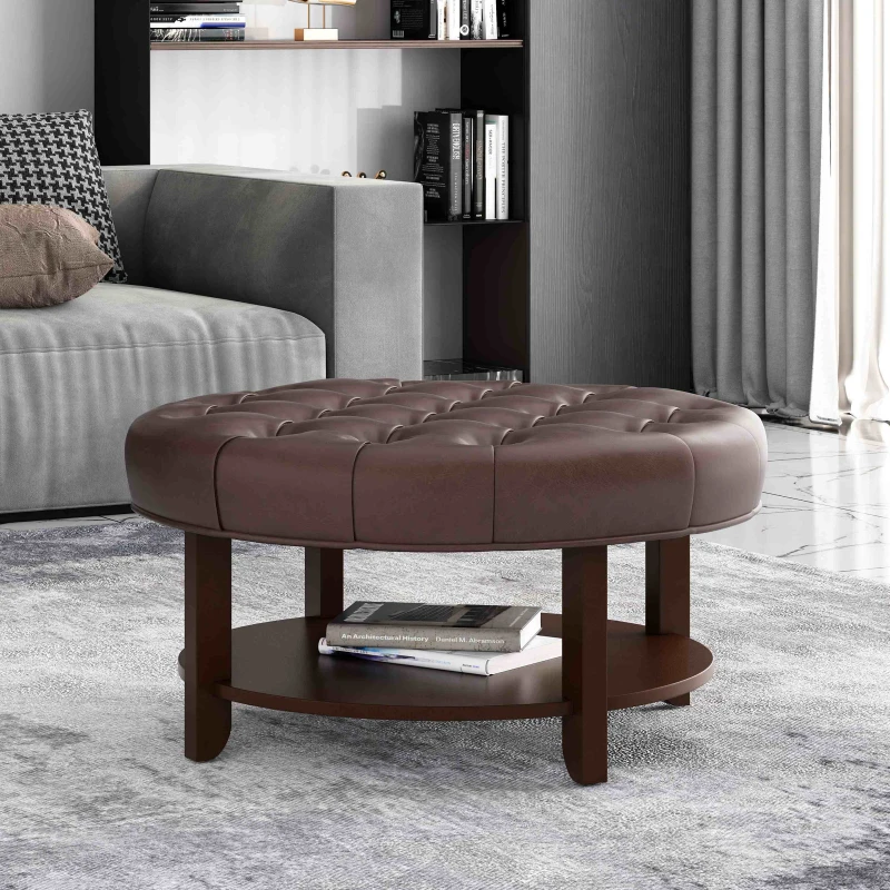 Round Ottoman with Faux Leather Upholstery, Button Tufting, Rubberwood Frame, and Open Shelf, Contemporary Design, 32" L x 32" W x 17" H, Dark Brown