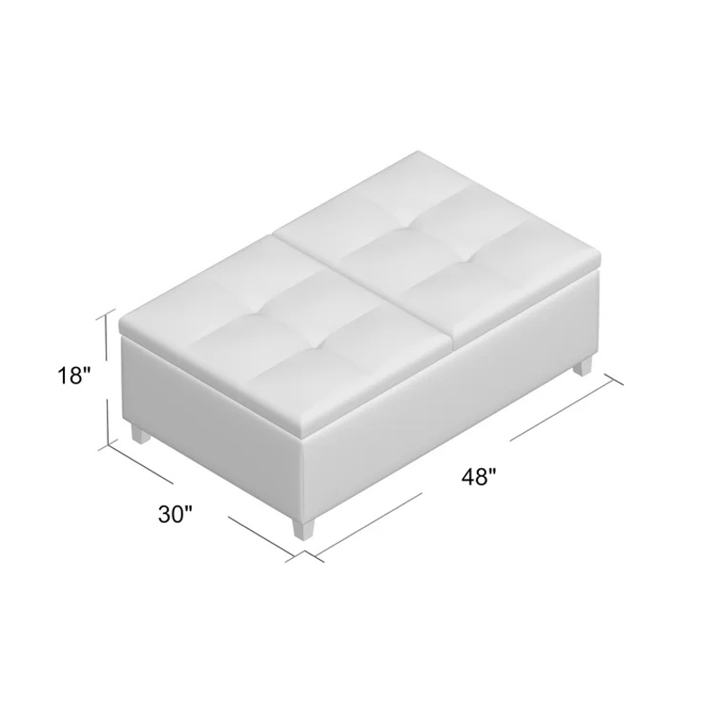 Ottoman with Double Top, Faux Leather Upholstery, Solid Birch Frame, and Storage Compartment, 48" x 29.75" x 17.75", Brown