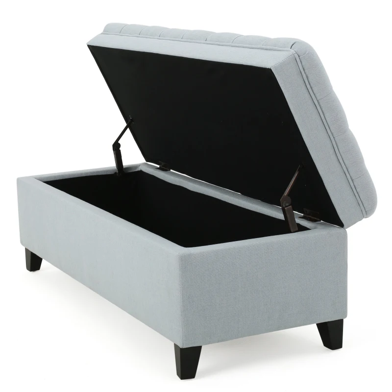 Storage Ottoman with Birch Legs, Hand-Tufted Fabric, 50" L x 20.5" W x 18.25" H, Spot Clean, Light Blue Gray