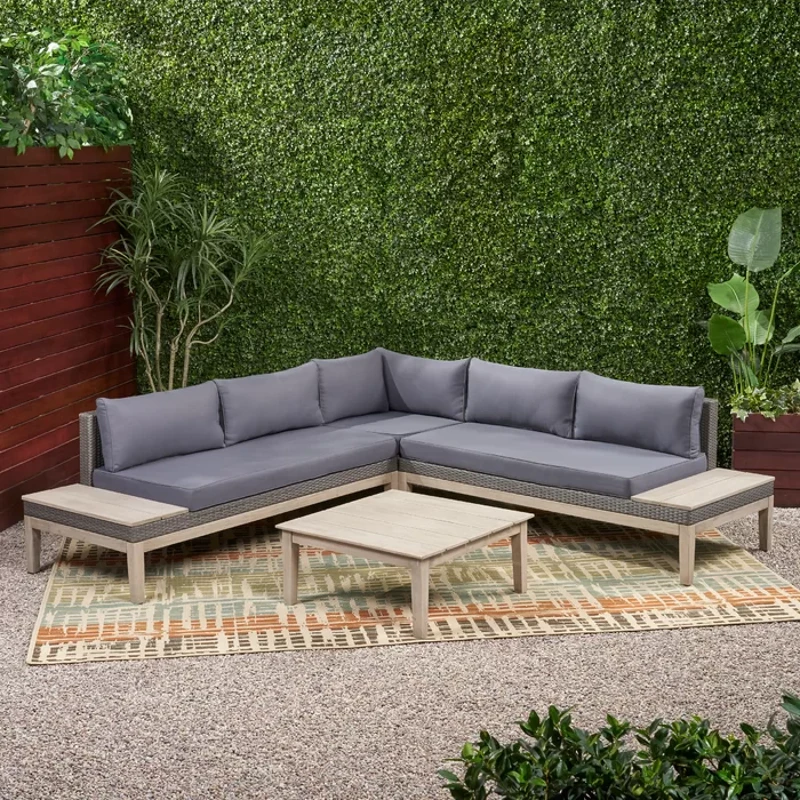 Loft Outdoor Acacia Wood and Wicker 5 Seater Sectional Sofa Set with Water-Resistant Cushions, Built-In Side Tables, and Durable Polyethylene Rattan, 64"x30"x27", Gray