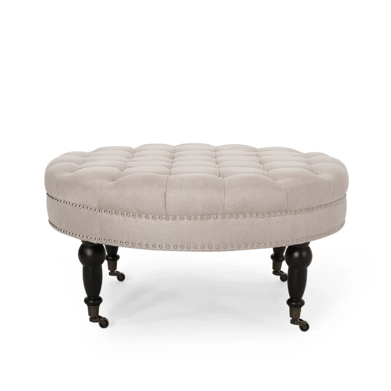 Ottoman with Casters and Birch Wood Legs, Contemporary Design, Button Tufted Diamond Stitch, Nailhead Accents, 35" x 35" x 17", Wheat