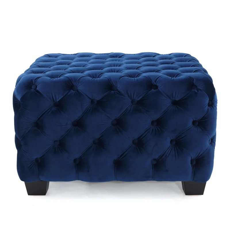 Velvet Ottoman with Cushioned Top, Sturdy Frame, and Space-Saving Design, 29" L x 29" W x 18.25" H, Navy Blue