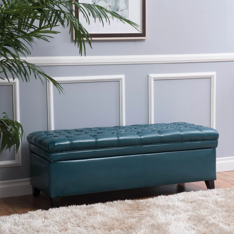 Storage Ottoman with Birch Legs, Faux Leather Tufted, 50" L x 20.5" W x 18.25" H, Spot Clean, Teal