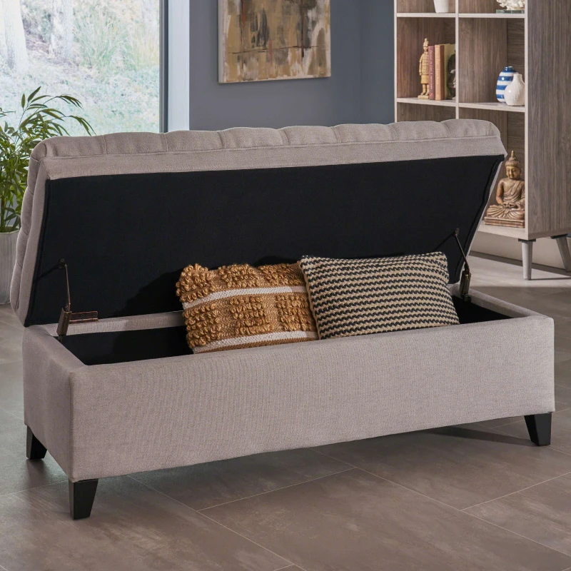 Storage Ottoman with Birch Legs, Hand-Tufted Fabric, 50" L x 20.5" W x 18.25" H, Spot Clean, Light Gray