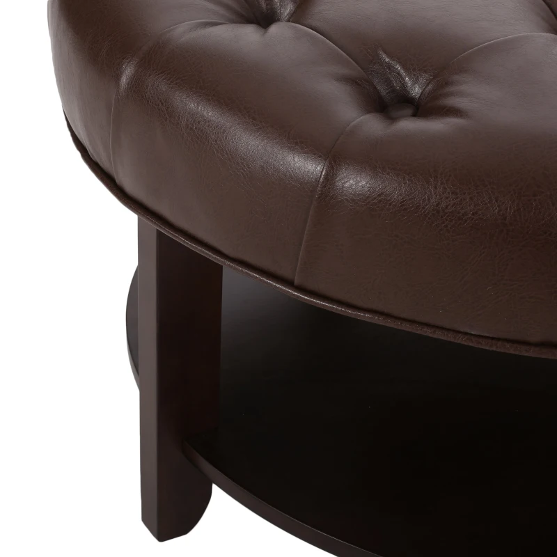 Round Ottoman with Faux Leather Upholstery, Button Tufting, Rubberwood Frame, and Open Shelf, Contemporary Design, 32" L x 32" W x 17" H, Dark Brown