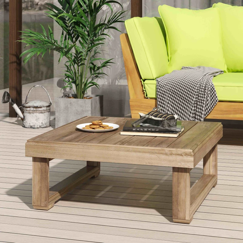 Rustic Acacia Wood Coffee Table with Slat Design and Sled Legs, Outdoor Patio Furniture, 27.5" L x 27.5" W x 11.5" H Brown