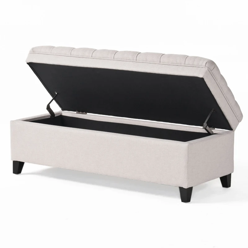 Storage Ottoman with Birch Legs, Hand-Tufted Fabric, 50" L x 20.5" W x 18.25" H, Spot Clean, Light Gray