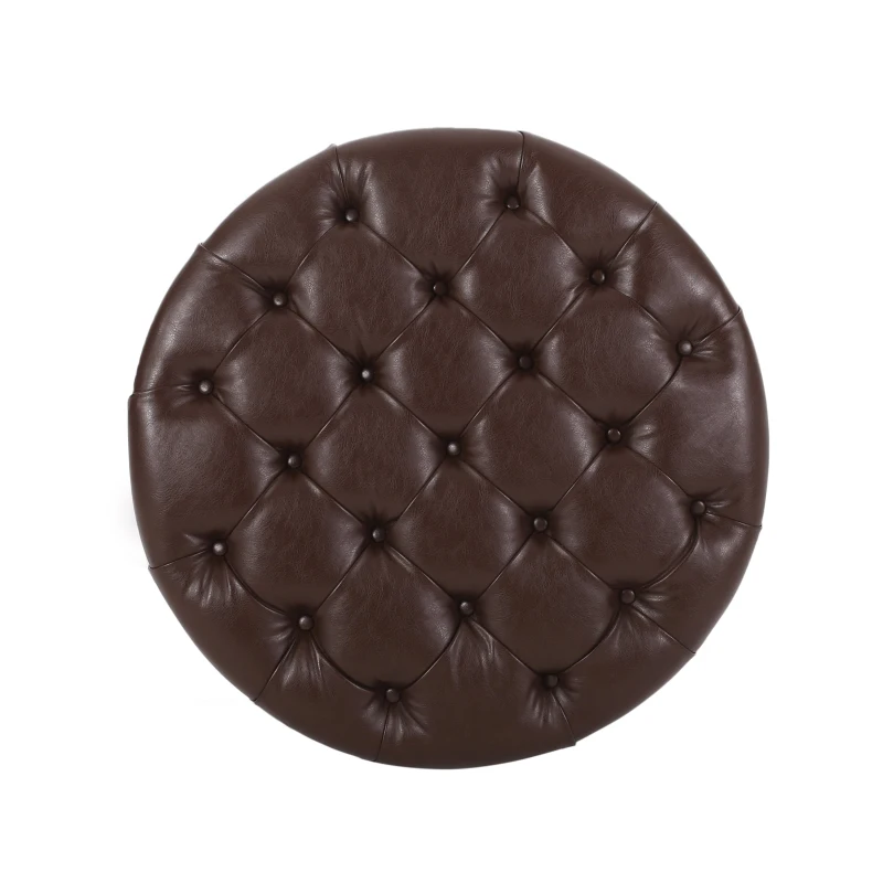Round Ottoman with Faux Leather Upholstery, Button Tufting, Rubberwood Frame, and Open Shelf, Contemporary Design, 32" L x 32" W x 17" H, Dark Brown