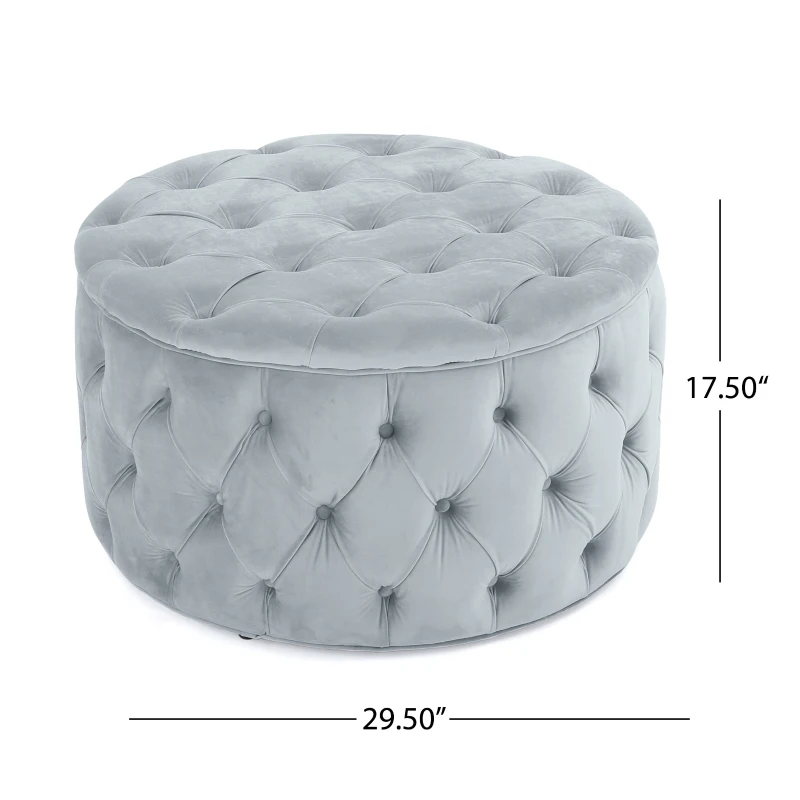 Modern Glam Round Velvet Ottoman with Cushioned Top, Sturdy Frame, and Space-Saving Design, 29.5" L x 29.5" W x 18" H, Light Gray