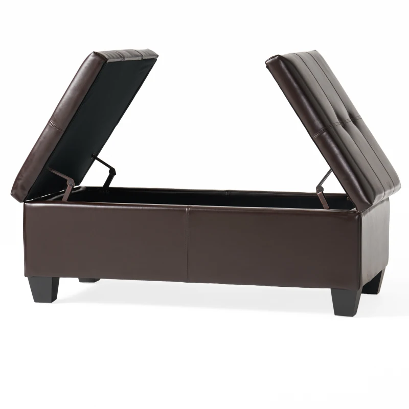 Double-Top Storage Ottoman with Soft Leather, Tufted Design, Ample Interior Space, and Matching Espresso Legs, 51"x24.5"x19", Brown